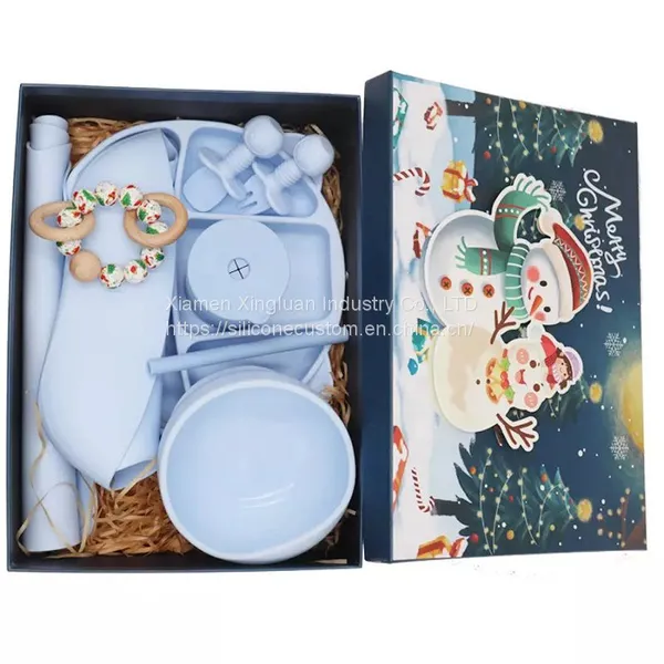 Platinum Silicone Baby Feeding Products Set Feeding Supplies With Suction Base Baby Bibs Spoon Fork Divider Plate photo-2