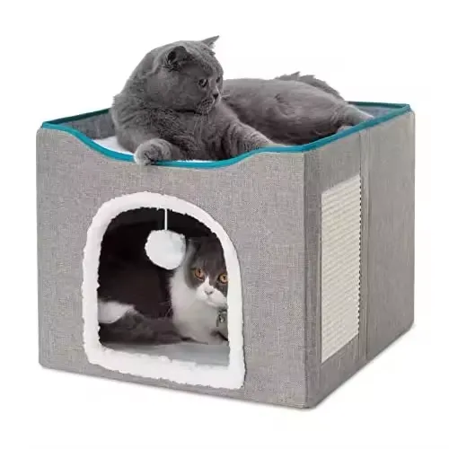 Indoor Cats -Large Cave for Pet House With Fluffy Ball Hanging and Scratch Pad Foldable Cat Hidewawy Non-slip Bottom