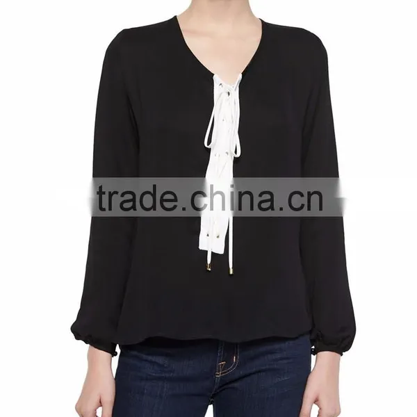 2015 Women Apparel Contrast Front Tie Long Sleeve Summer Chiffon Blouses SYA15372