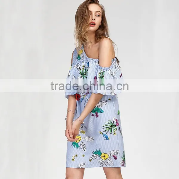 Oblique Shoulder Layered Dress, 2017 Ladies Blue Floral Print Dress photo-2