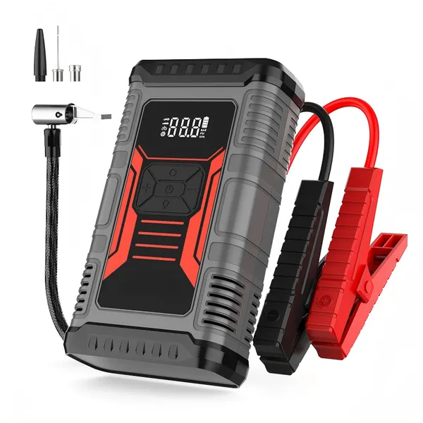 All-in-1 roadside tool integrates a car jump starter, tire inflator, warning light, flashlight, pressure gauge, air pump, ball pump, and power bank