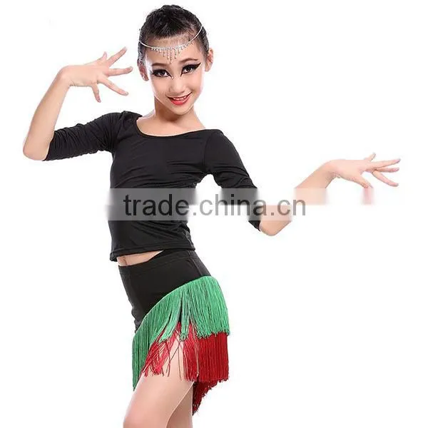 Cheap In-stock High Quality Elegant Children Latin Dance Skirt Long Sleeve + Tassel Kids Latin Dance Dress Wholesale photo-4