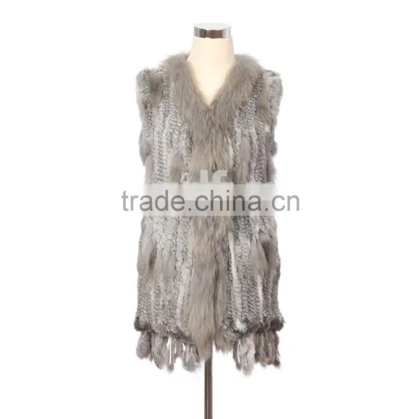 QDMJ006 Lady Clothes Long Knit Rabbit Fur Vest With Raccoon Dog Fur Collar For Women Clothing photo-4