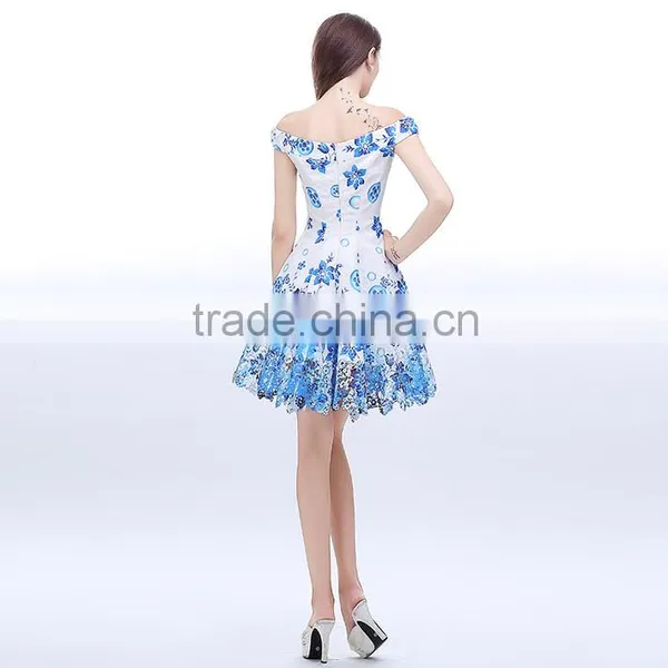Wholesale Latest Blue and White A-line Printed Off Shoulder Dresses Quality Choice photo-4