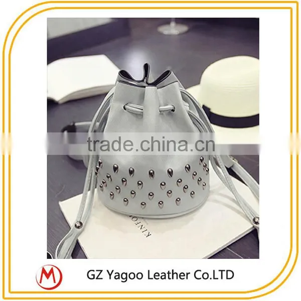2016 HOT Leather Drawstring Bucket Bag Rivet Messenger Bag photo-3