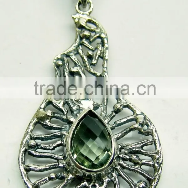 Green Amethyst Pear Oxidised Facet Pendant, 925 Solid Sterling Silver Pendants, Designer Bezel Casting Jaali Pendant photo-2