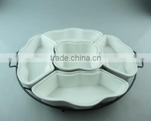 Stocklot White Ceramic Divided Plate With Iron Stand in Cheap Price photo-2