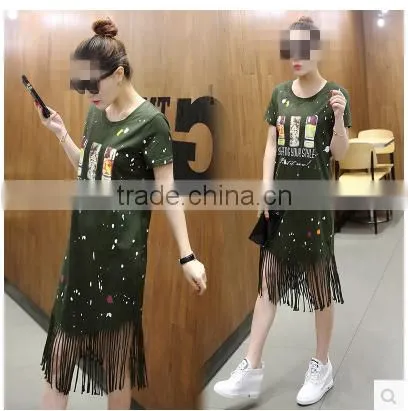 Guangzhou Wholesale Clothing OEM Black Print Short Sleeve Midi Tassels Dress photo-3