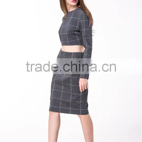 2017 New Arrival Grey Plaid Crop and High Waist Skirt Co-ord Set photo-3