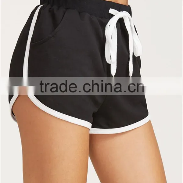 MGOO Black Drawstring Waist Contrast Binding Dolphin Shorts Sport Cotton Shorts Plain Hot Shorts photo-4