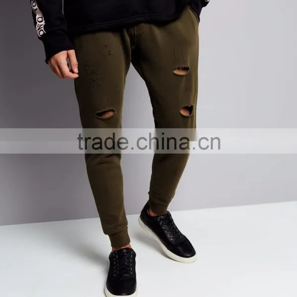MGOO Fashion Khaki Plain Ripped Mens Joggers Custom Logo Drawstring Waist Cuffed Hem Skinny Fit Joggers With Pocket photo-2
