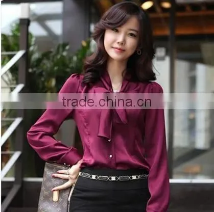 F20046B Korea Style Long Sleeve Bowknot Women Blouse Slim Tops Design