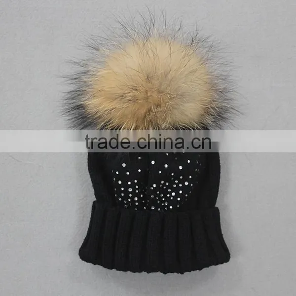 Myfur Chinese Manufacturer Woolen Hat for Kids With Detachable Raccoon Fur Pompom photo-2
