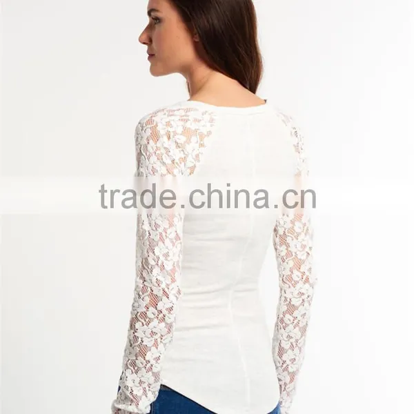 2016 Guangzhou Shandao OEM/ODM Custom Design Casual Long Lace Sleeve Round Neck Bodycon White Cotton Sexy Western Tops Ladies photo-4