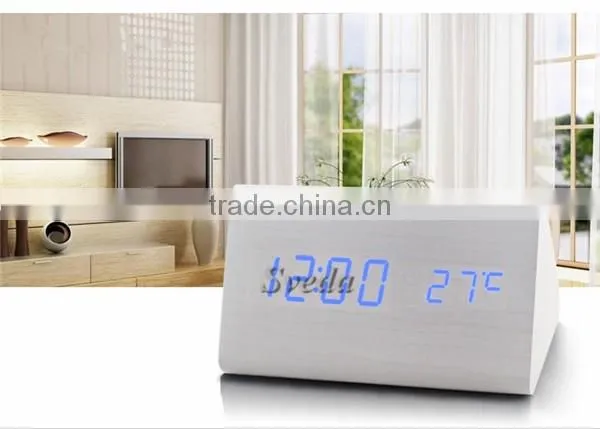 (Crazy Hot Selling)Wholesale Digital Wooden LED Alarm Clock,Wooden Table Clock,sound Control Alarm Clock,Triangle Wooden Clock photo-4