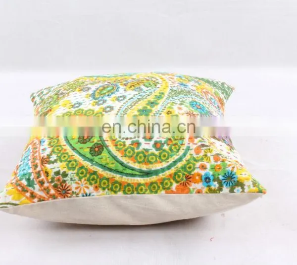 Indian Cotton Handmade Green Kantha Cushion Cover Kantha Throw Pillow Cover Hand Quilted Decorative Cushion Cover Art photo-3
