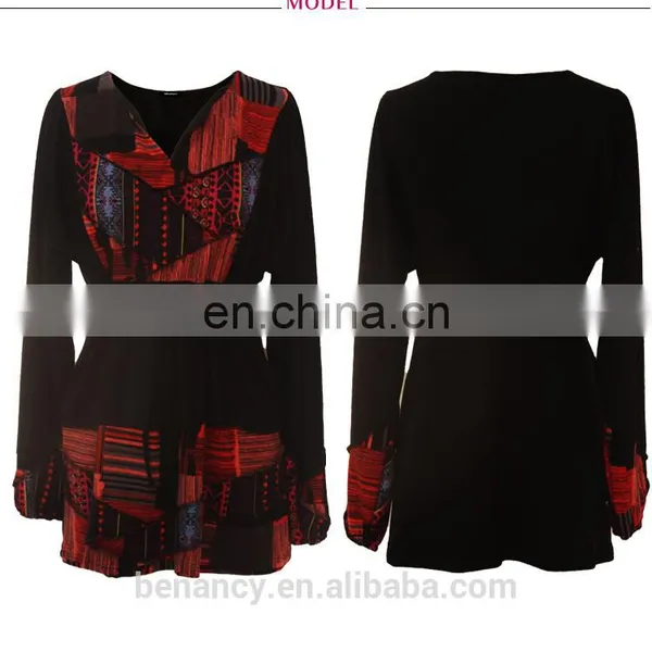 Latest Fashion Blouse Design High Neck Geometric Printed Patchwork Tunic Top photo-3