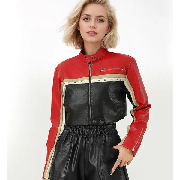 2025 Internet Red Block Spliced PU Leather Waist-exposed Cool Women's Leather Jacket Customization photo-4