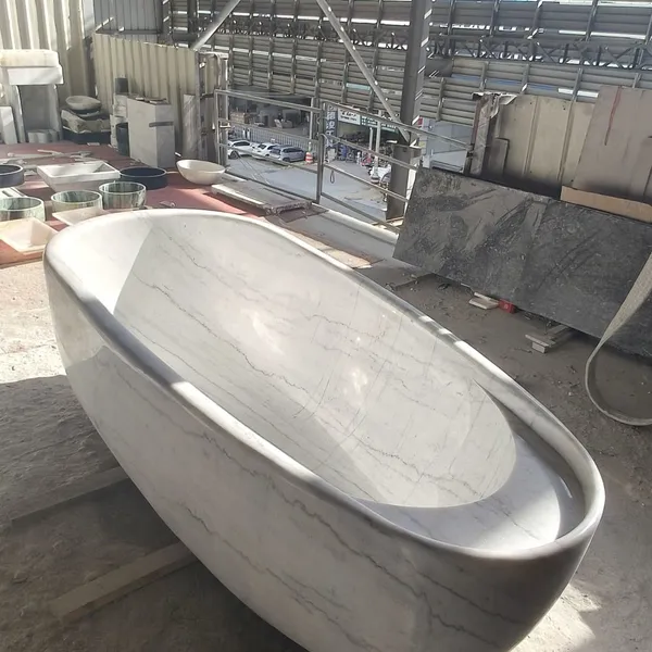 High Quality Large Size White Color Customized Real Stone Marble Oval Bathtub Floor Free Standing Bathtub photo-3