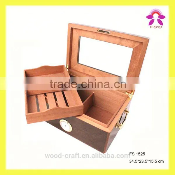 Noble Exquisite Wooden Luxury Fabric Cigar Humidor Gift Boxes With Glass Lid Cabinet Hygroscope Storage Glasstop Tobacco Box photo-5