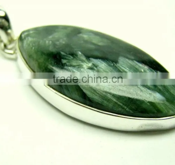 Seraphinite Marquise Natural Gemstone Cabochon Pendant, 925 Solid Sterling Silver Pendant
