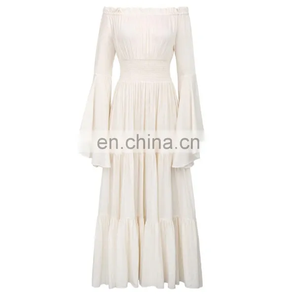 Belle Poque Retro Vintage Long Bell Sleeves Off Shoulder Cotton Flared A-Line Beige Long Maxi Dress BP000401-1 photo-6
