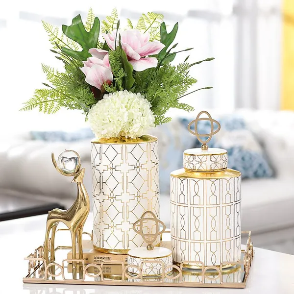 Nordic Light Luxury Moden White Blue Black Gold Storage Jar For Dining Room Decor photo-3