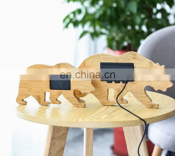 Creative Design Animal Bear Shaped Bedroom Desktop LCD Bamboo Digital Alarm Clock photo-5