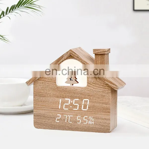 House Styling LED Light Christmas Home Decorate Temperature Humidity Display LED Alarm Clock WIth Voice Control photo-2