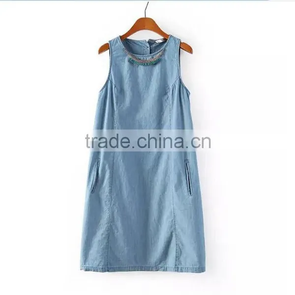 2014 New Design Ladies Sleeveless Denim Dress Women Light Bule Denim Jeans Dress Quality Choice photo-3