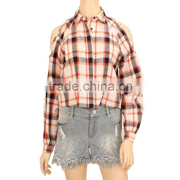 Cold Shoulder Women Plaid Shirt Long Sleeve Fashion Blouses 2015 photo-2