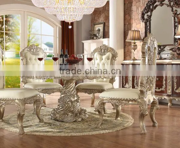 Italian Royal Style Solid Wood Goldleaf Expandable Dining Table Set,Arabic Palace Golden Dining Room Furniture(MOQ=1 SET) photo-6
