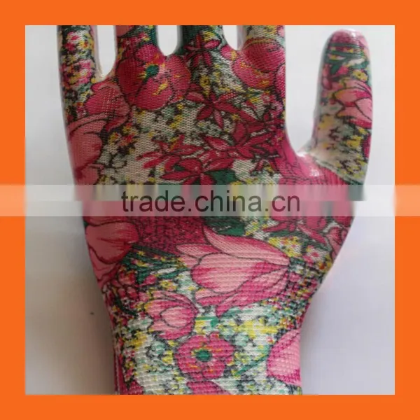 Multi Floral Print Poly Garden Gloves With Clear Nitrile Coating photo-4