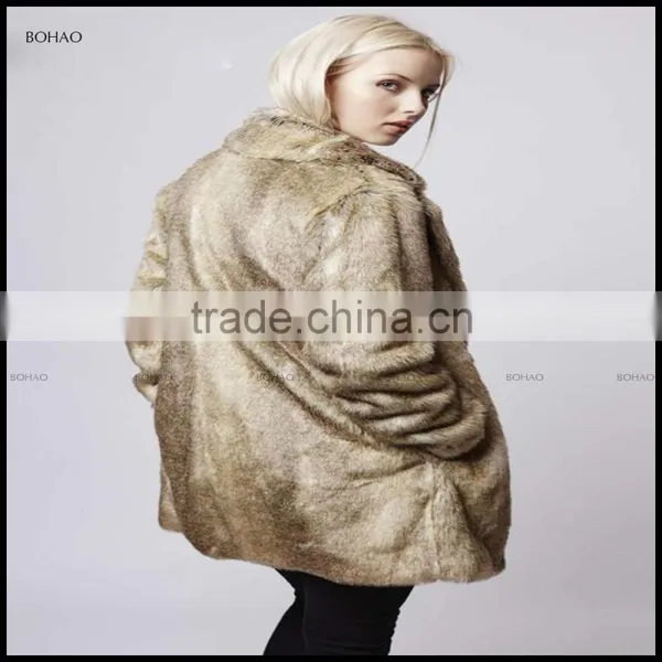 Brown Mid Length Faux Fur Coat With Oversized Collar Heavy Parka Jacket For Women photo-3
