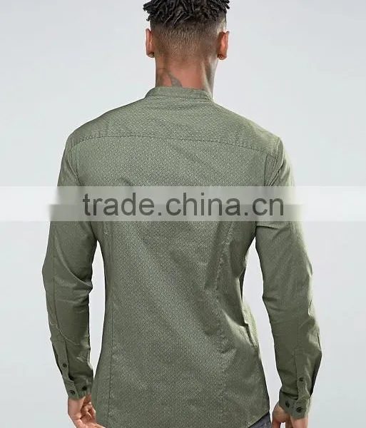 Long Sleeve Chest Pocket Grandad Collar Mens Pre-Shrunk 97% Cotton 3% Elastane Breathable Skinny Fit Casual Green Point Shirts photo-2