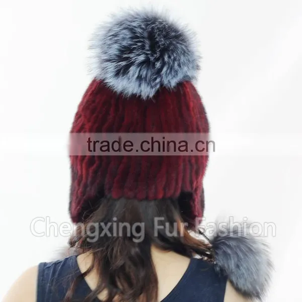 CX-C-42A Hand Knitted Mink/ Silver Fox Fur Pom Pom Hot Sale Lady Hat Wholesale photo-6