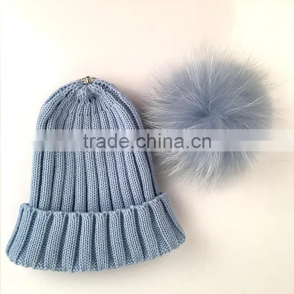 Myfur Wholesale Raccoon Fur Pom Pom Adult Couple Knitting Beanie in Sky Blue photo-3