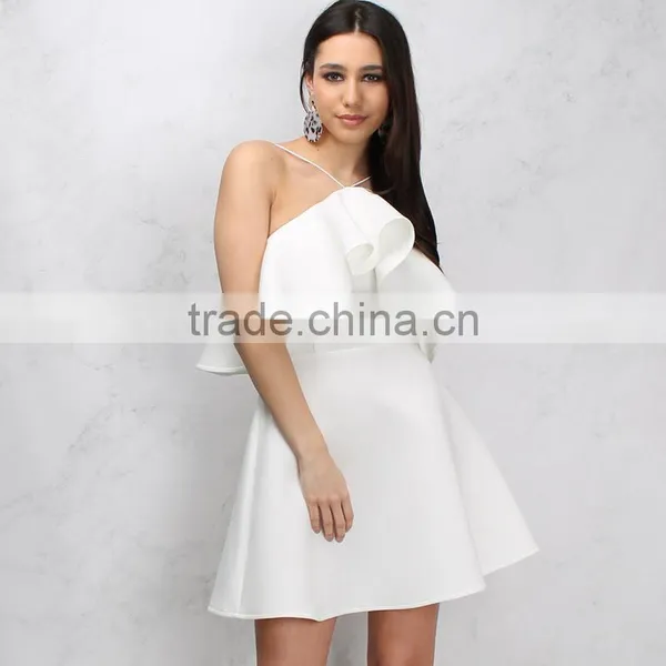 Halter Neck Women's Frill Skater Dress 2018 White Falbala Short Prom Dresses photo-2