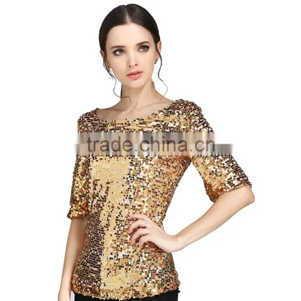 Womens Sequin Paillette Detail Golden Hot Gilrs Tight Shirt photo-3