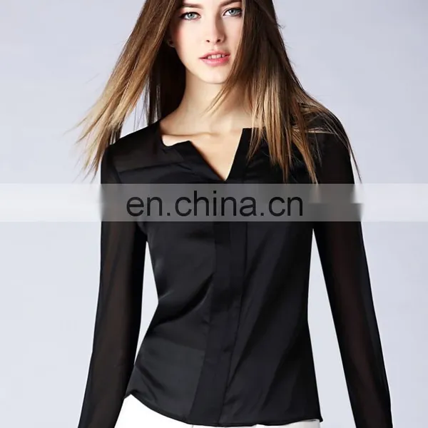 OEM/ODM Ladies Fashion Deep V Neck Chiffon Long Sleeves Fashion Formal 100% Silk Satin Shirt