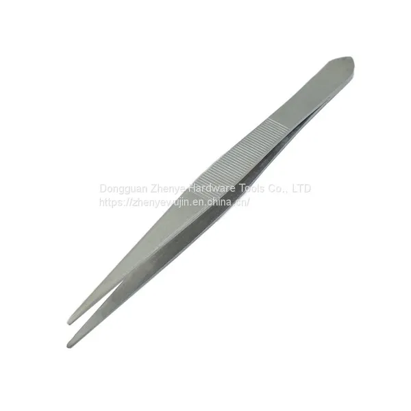 Стainless steel tweezers, прямый локоть, антискользящая удлиненная часть, острый наконечник, зубчатый, шлифованный, утолщенный и упрочненный инструмент высокой точности
