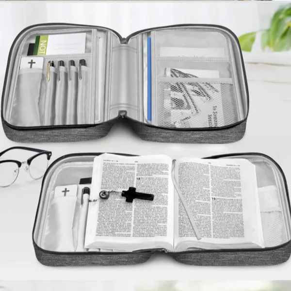 Bible Cover Portable Gray Canvas Bible Case Jesus Fish Design Soft Cover Bible Holder photo-4