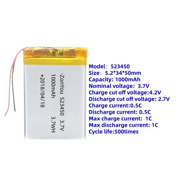 Hot Model Rechargeable 523450 Pouch Cell 3.7V 1000mAh Lithium Polymer Battery for Solar Power Light Fan photo-4