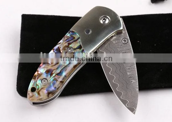 OEM Damascus Small Abalone Pure Copper Folding Knife photo-4