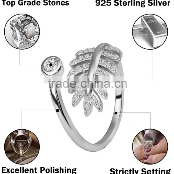 925 Sterling Silver Feather Shaped Cocktail Pave Setting Ring photo-2