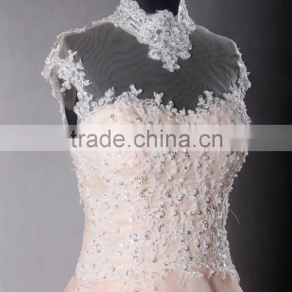 RSE703 High Neck Sexy Lace Floor Length Backless Blush Organza Cheap Pink Wedding Dresses photo-4