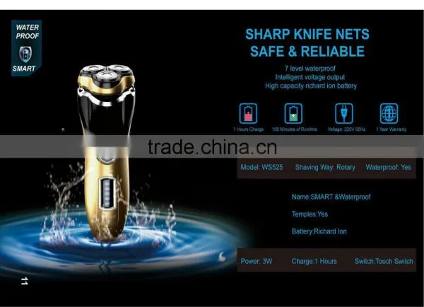 electric professional rechargeable cordless washable rotating triple blade rotary shaver for men with 3D floating heads