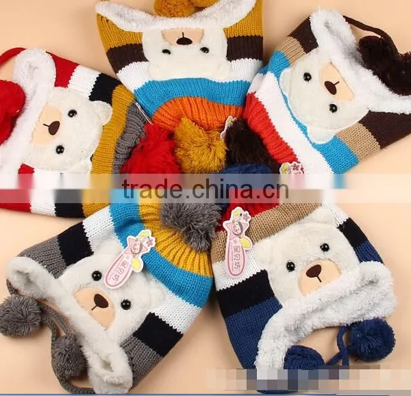 Crochet Baby Hat Stripe Pattern Cartoon Bear Design Thicken Kids Winter Caps photo-3