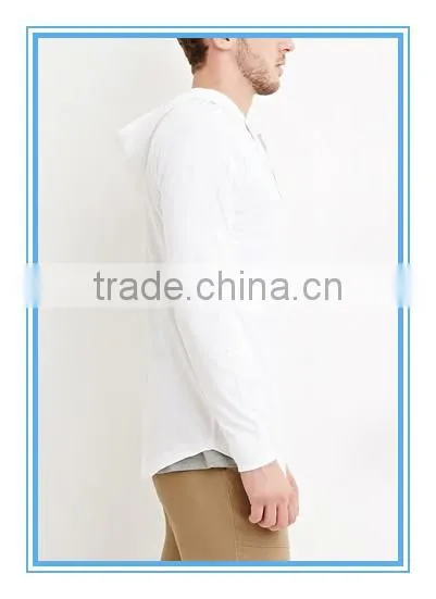 Hooded Henley Raglan Sleeves Hoodie Chambray Trim Button Placket Hoodie Curved Hem Hoodie photo-2