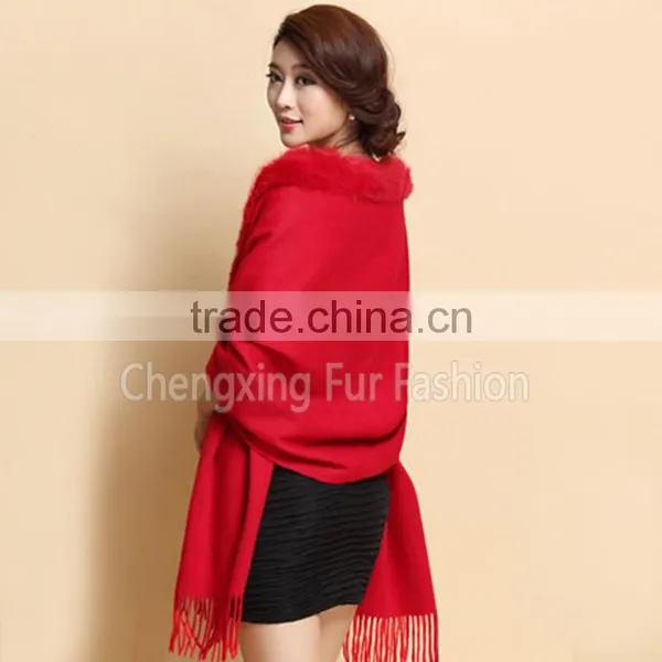 CX-B-P-41B Fur Trim Decora Fashion Women Pashmina Shawl With Fur photo-3